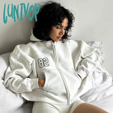 Lunivop Hooded Zip Up Crop Sweatshirt Women Streetwear Embroidery Hoodie Overfit Blank Outerwear